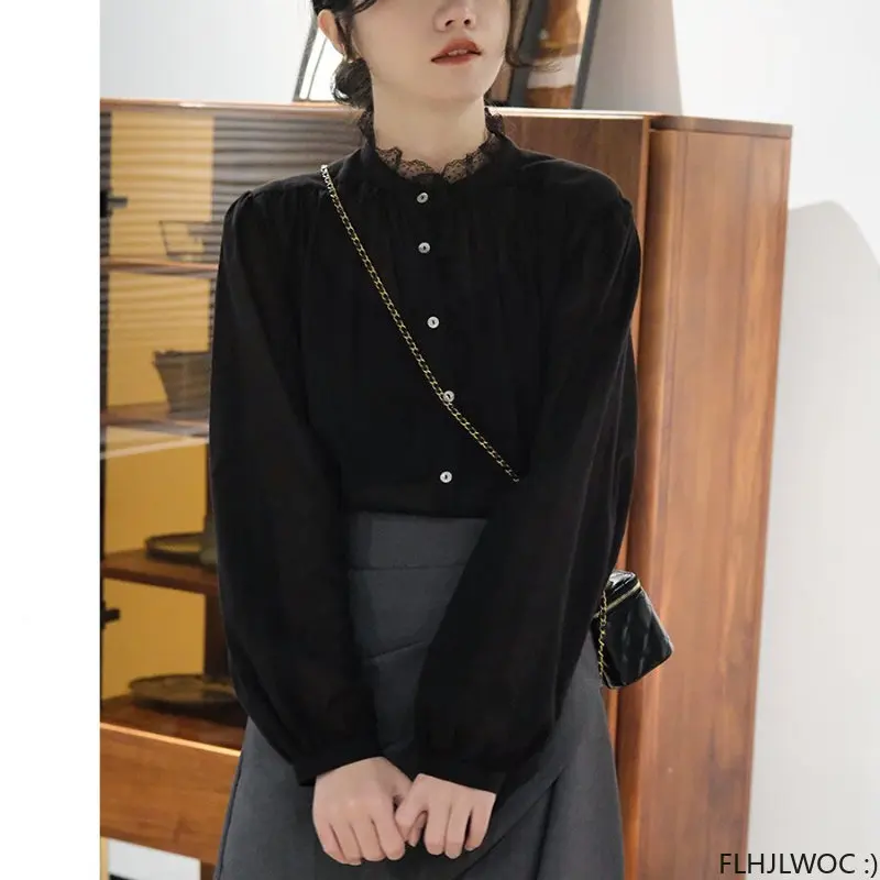 Thin Transparent Lace Tops Women Korea Style Design 2023 French Elegant Office Lady Cute Girls Chic Ruffles Basic Shirts Blouse