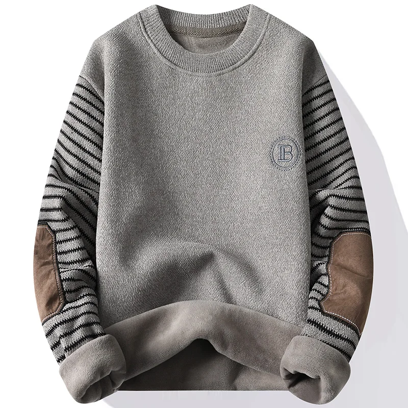 Men's Sweater Patckwork Round Neck Pullovers Fleece Lined Thick Warm Winter Knitwear Fashion Jumpers Men's Clothes