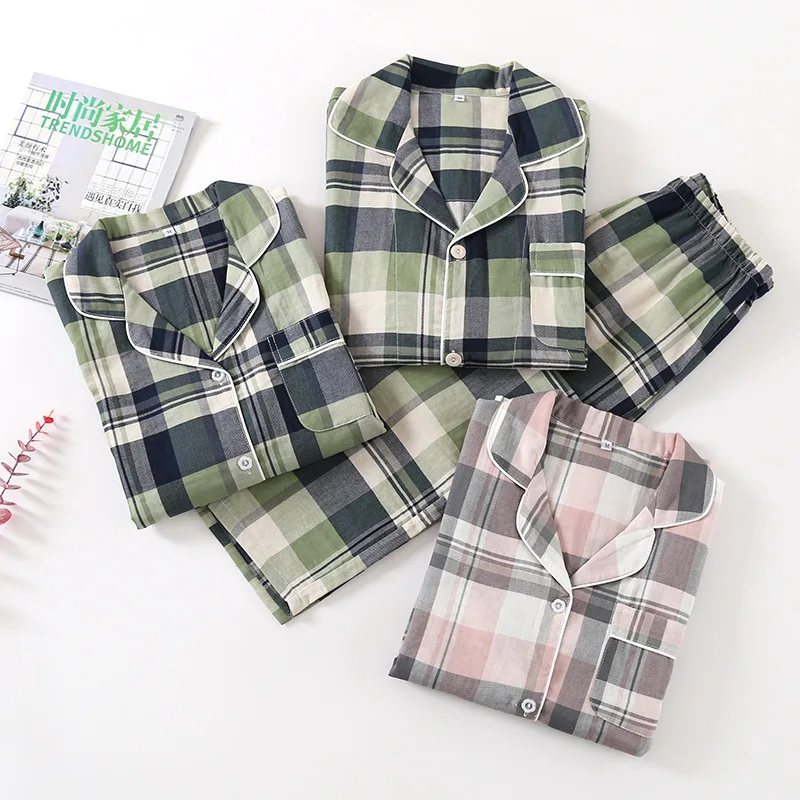 Spring And Autumn Men And Women Cotton Double Gauze Long Sleeve Trousers Suit Couple Summer Thin Pajamas Home Service Plus Size