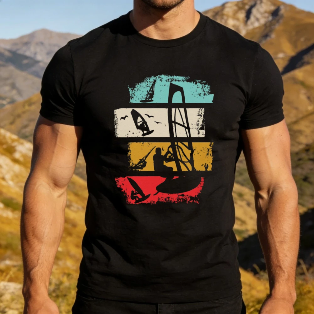 Retro Windsurfing Adventure Tee Distressed Colorful Stripes Windsurfer Silhouette Print Men Tshirt Ocean Sports Casual Outfit