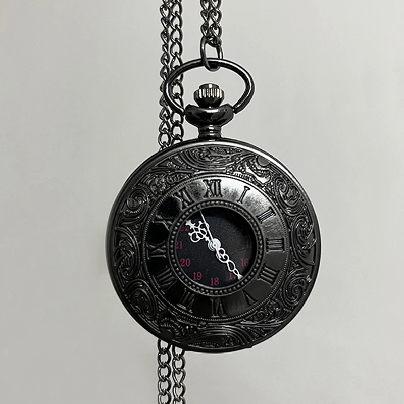 Vintage luxe zwart quartz zakhorloge voor mannen gegraveerde kast Romeinse cijfers Fob ketting klok voor collectie cadeau