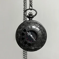 Vintage Luxury Black Quartz Pocket Watch for Men Engraved Case Roman Numeral Fob Chain Necklace Clock for Collection Gift