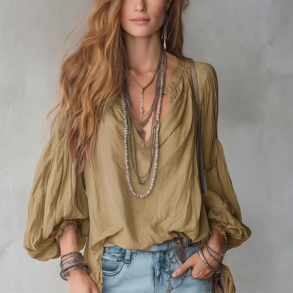 Lantern Sleeeve Shirts For Women Casual Loose Deep V-neck Solid Shirt & Blouse Spring Autumn Boho Tops Femme