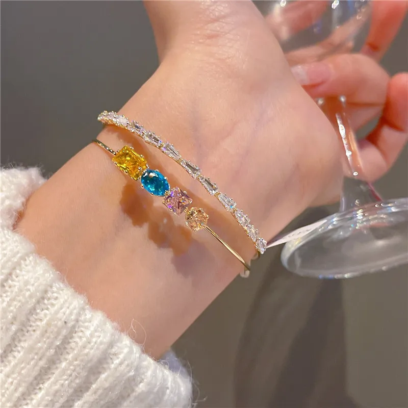 

CC Bracelets for Grils Women Accessories Double Layer Geometric Shape Cuff Bracelet Zirconia 14K Gold Plated Open Bangle J1184