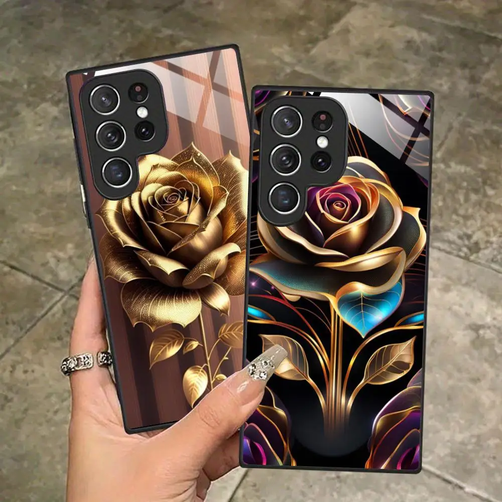 Golden Rose Phone Case for Samsung Galaxy A56 55 54 53 52 51 36 35 34 23 16 15 5G Glass Protective Cover
