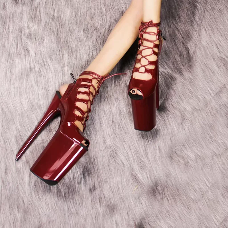 Sexy Burgundy Patent High Heels 23cm Ultra Stiletto Shoes for Women Pole Dance Sandals Club Party Stage Performance Footwear