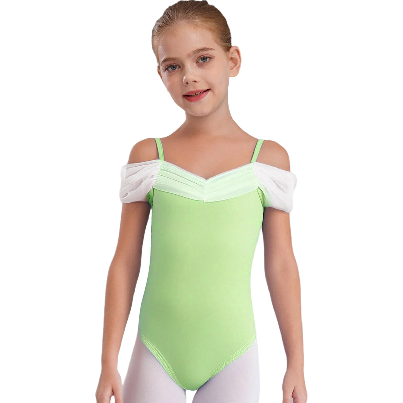 

Kids Girls Gymnastics Leotard Ballet Dance Performance Costume Butterfly Back Ruched Mesh Collar Spaghetti Straps Dance Bodysuit