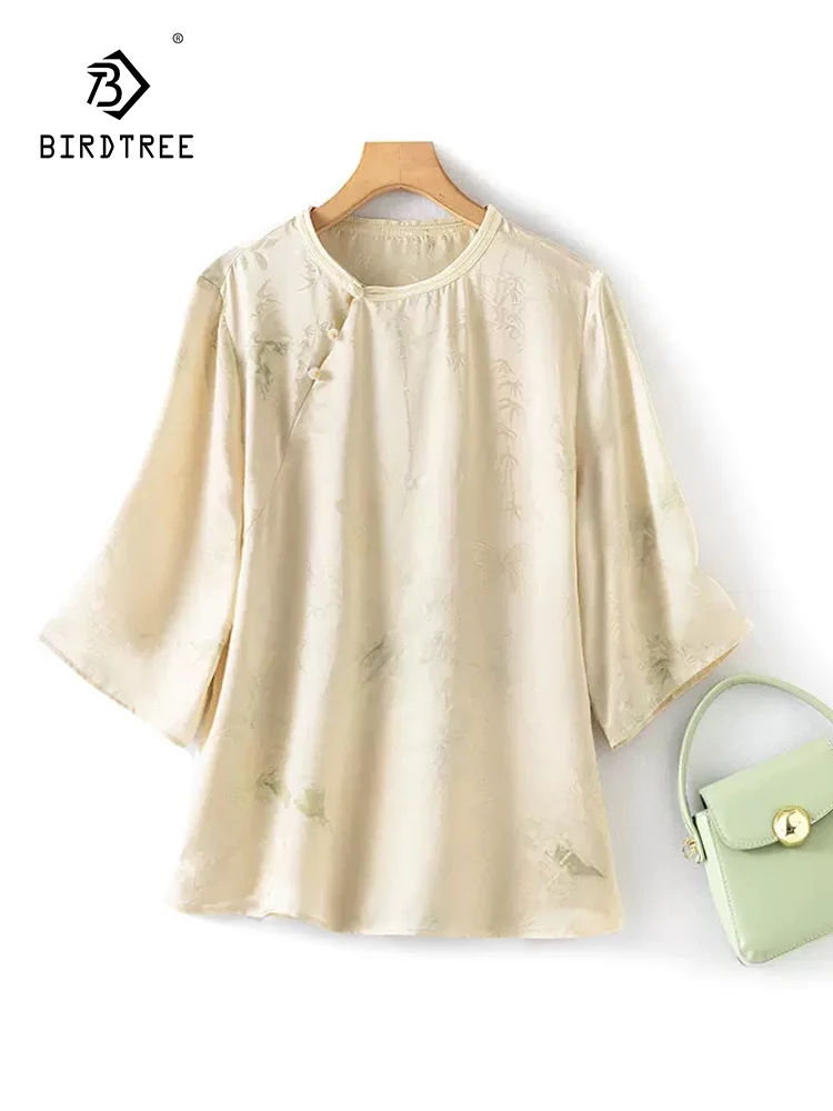 

BirdTree, 100%Real Silk Chinese T-Shirt, Women Half Sleeve Jacquard, Retro Elegant Commute Loose Top, 2024 Summer New T455139QC