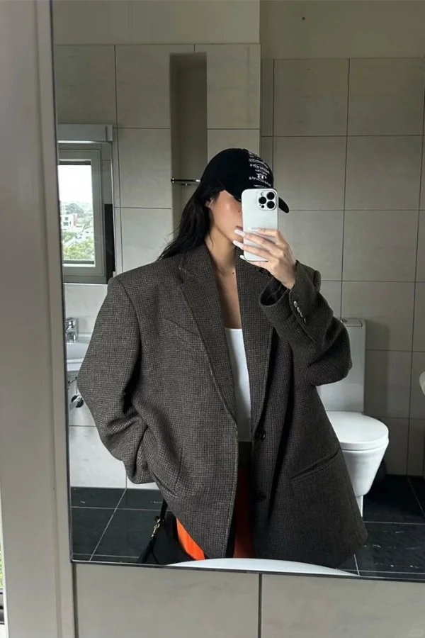 

Retro Blazer Workwear to Weekend Gray Tweed Oversized Jacket Pantone Architectural Silhouette Hand-Finished Buttonholes