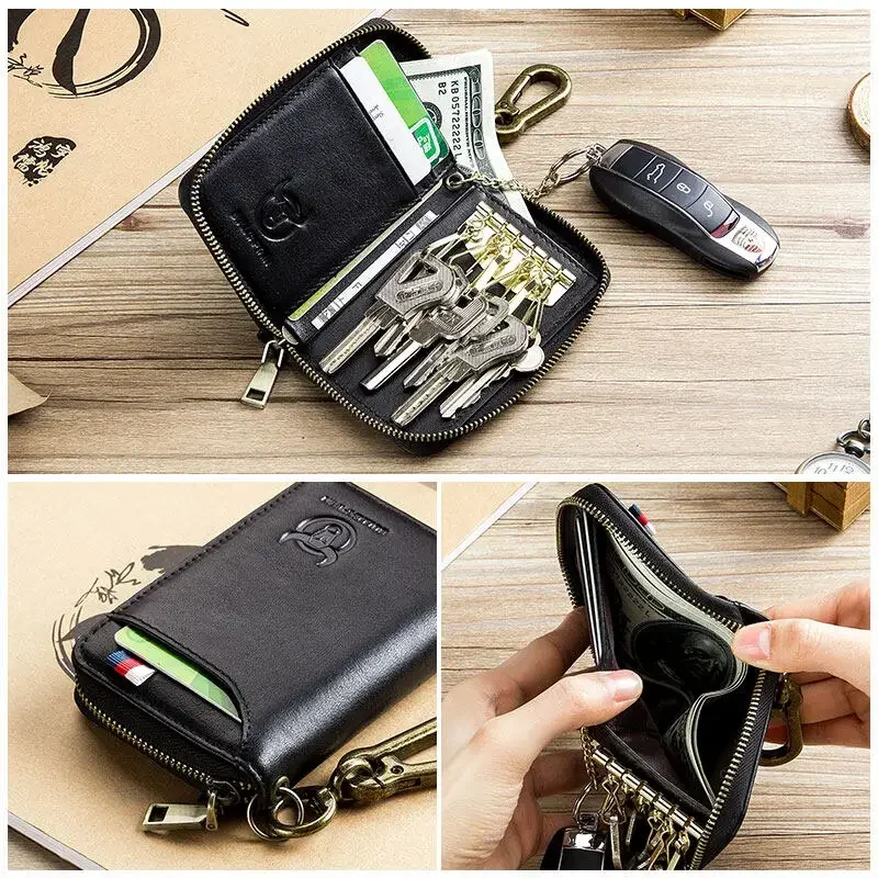 Genuine Leather Wallets for Men Zipper Key Credit Card Holder Small Bag Waist hanging Home Keys Cases Pocket Money Pouch
