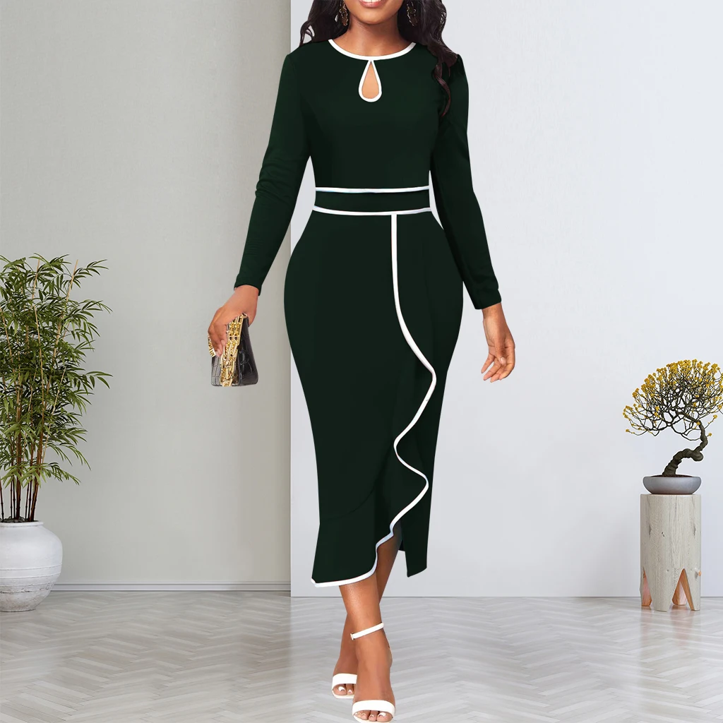 Dresses for Women Elegant O Neck Ruffles Slim Pencil Dress  Casual Work Office Lady Vestidos De Mujer Casual Elegant Midi Robe