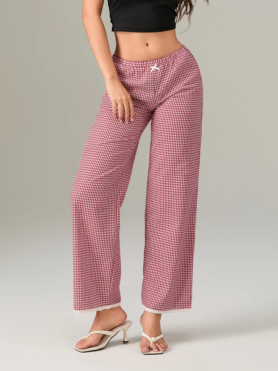 Women Wide Leg Pants Casual Plaid Print Loose Elastic Waist Trousers for Work Office Streetwear