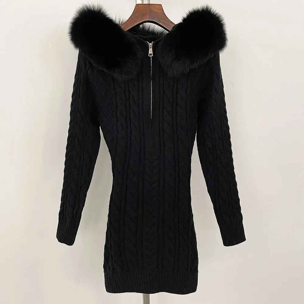 

OFTBUY Real Fox Fur Coat Women Spring Knitted Sweater Dress Hooded Knitwear Slim Dress Big Fur Female Dress Elegant Pullover