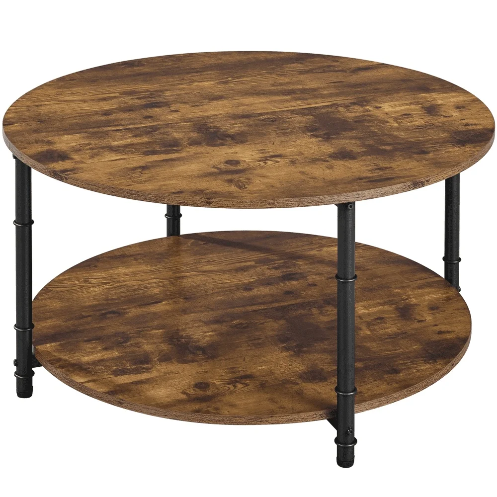 2 Layer Round Coffee Table Vintage Style Rustic Brown Wood Metal Frame Storage Living Room Easy Assembly