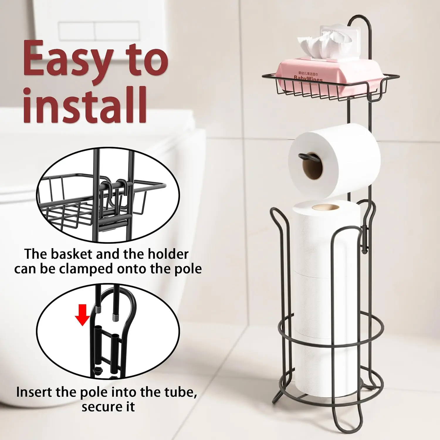 Toilet Paper Holder Stand Bathroom Toilet Paper Storage with Raised Base, Tissue Paper Roll Dispenser with Top Shelf