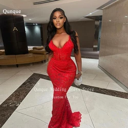 Qunque Sweetheart Elegant Prom Dress Vestidos De Festa Women Customized Evening Dress Sexy Red Lace Straps Formal Party Dresses