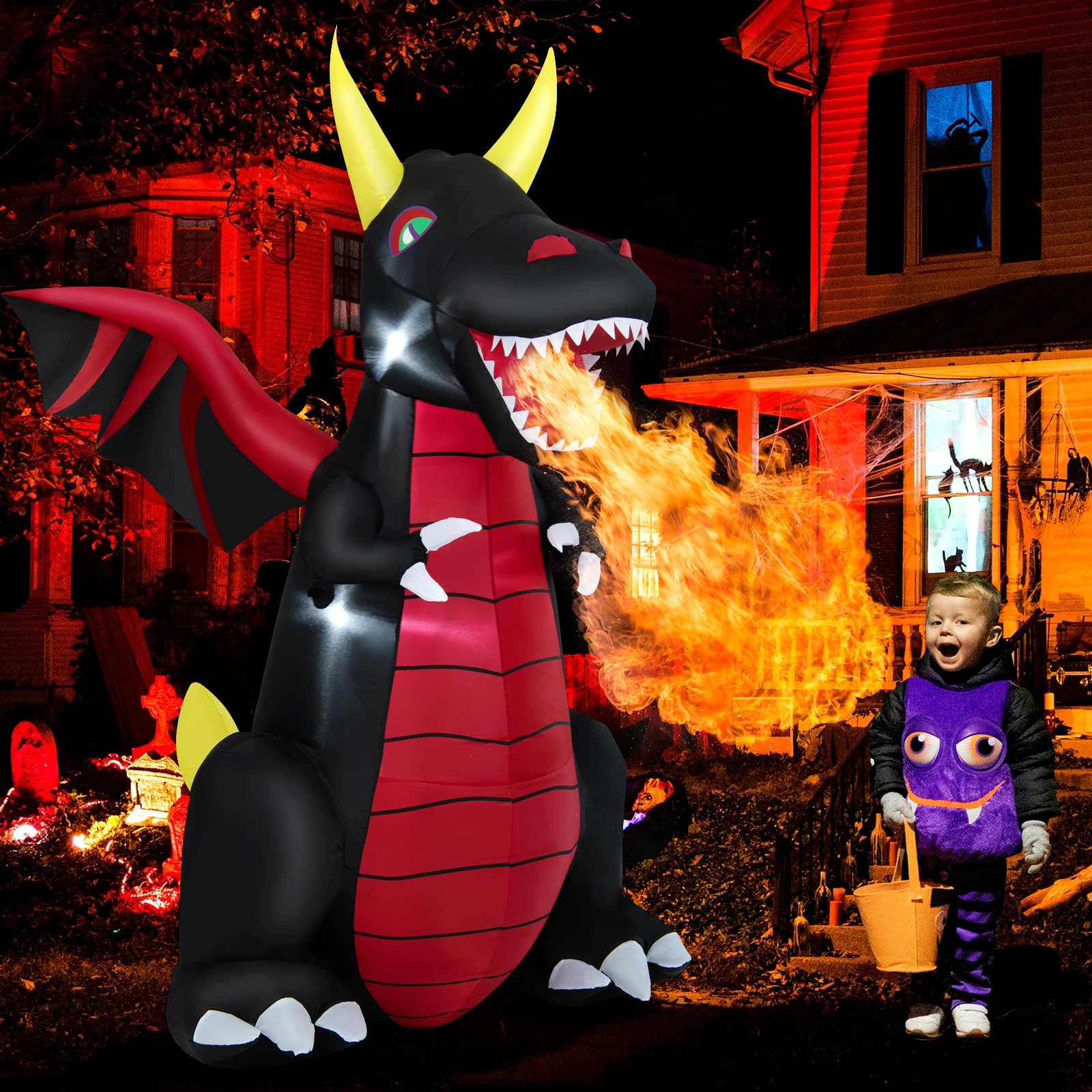 8 FT Halloween Inflatable Fire Dragon Giant Blow up Decoration with LED Lights