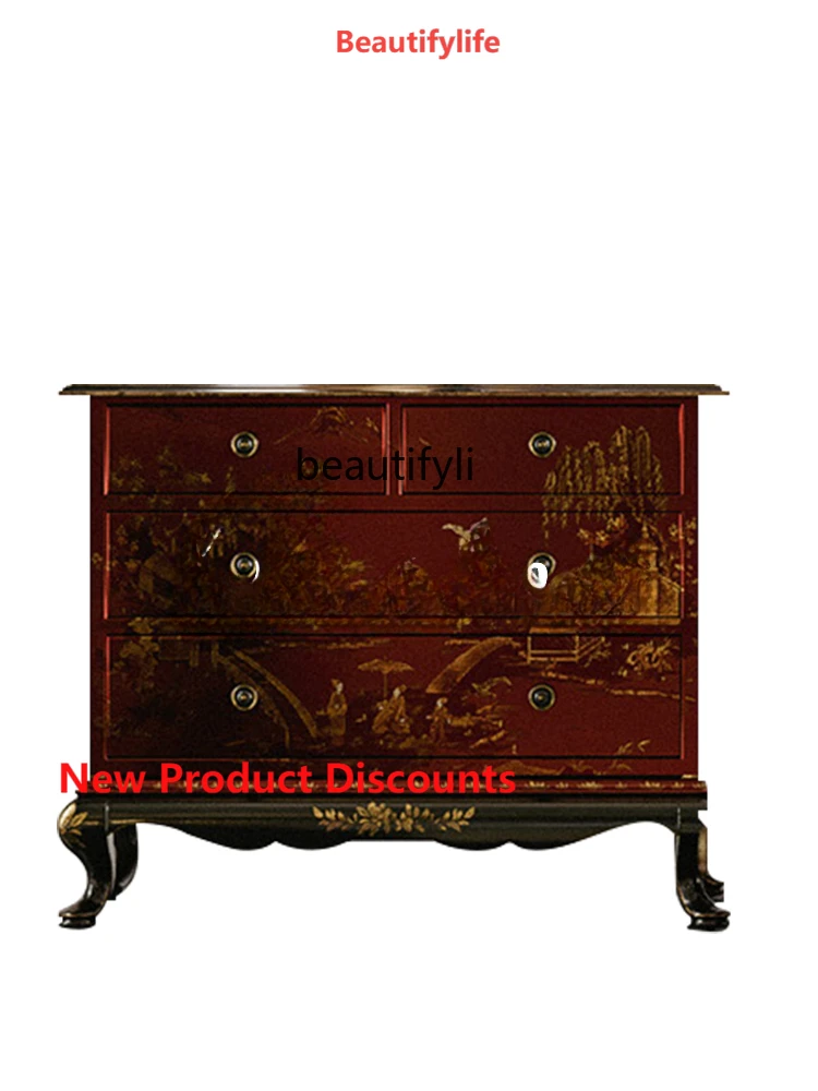 

X188 Retro Hand-Painted Bedroom Bedside Table Master Bedroom Red Solid Wood Bedside Cabinet Storage Cabinet