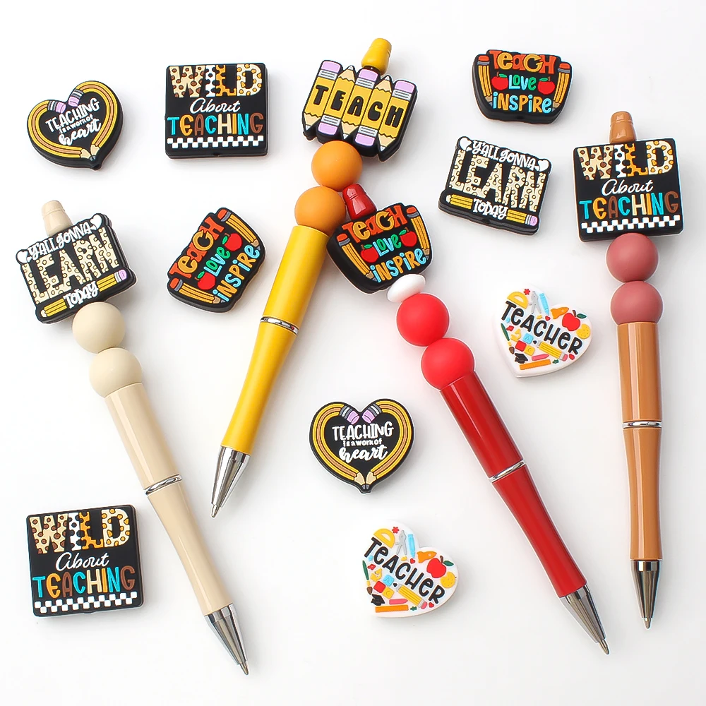 5/20/50 قطعة موضوع يوم المعلم سيليكون الخرز لصنع المجوهرات العودة إلى موسم المدرسة تصاميم الخرز البؤري KeysChain لتقوم بها بنفسك القلم