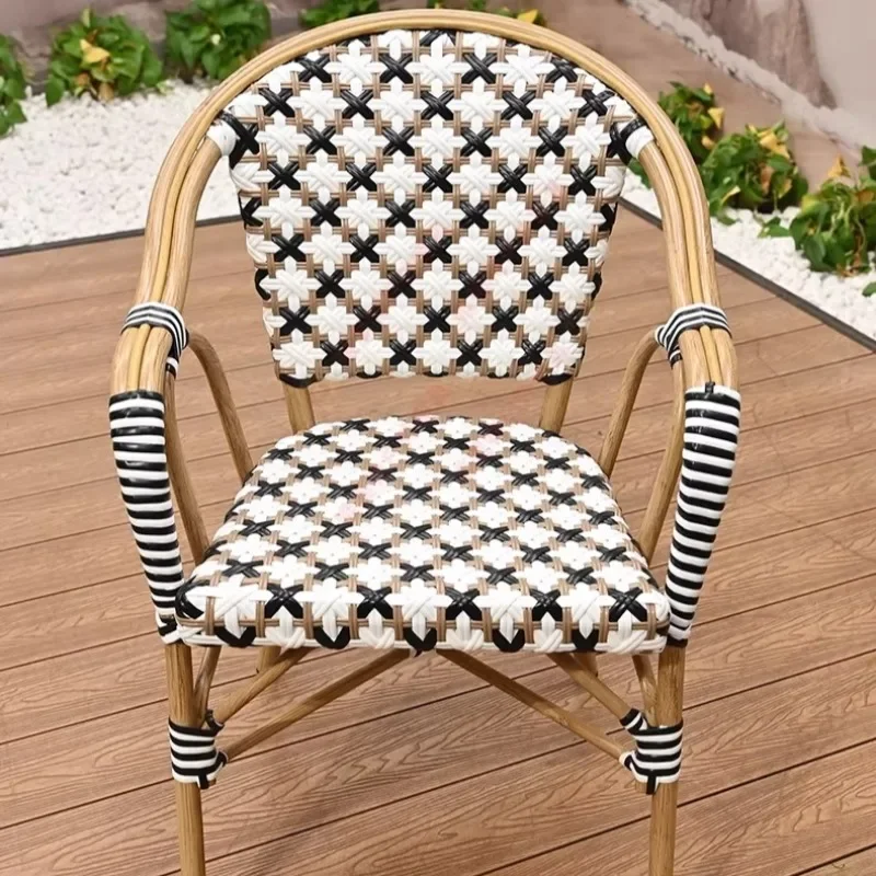 aOutdoor Indoor Woven Rattan Armchair Checkered Pattern Frame Comfortable Leisure Chair for Patio Garden Dining Room Home Decor