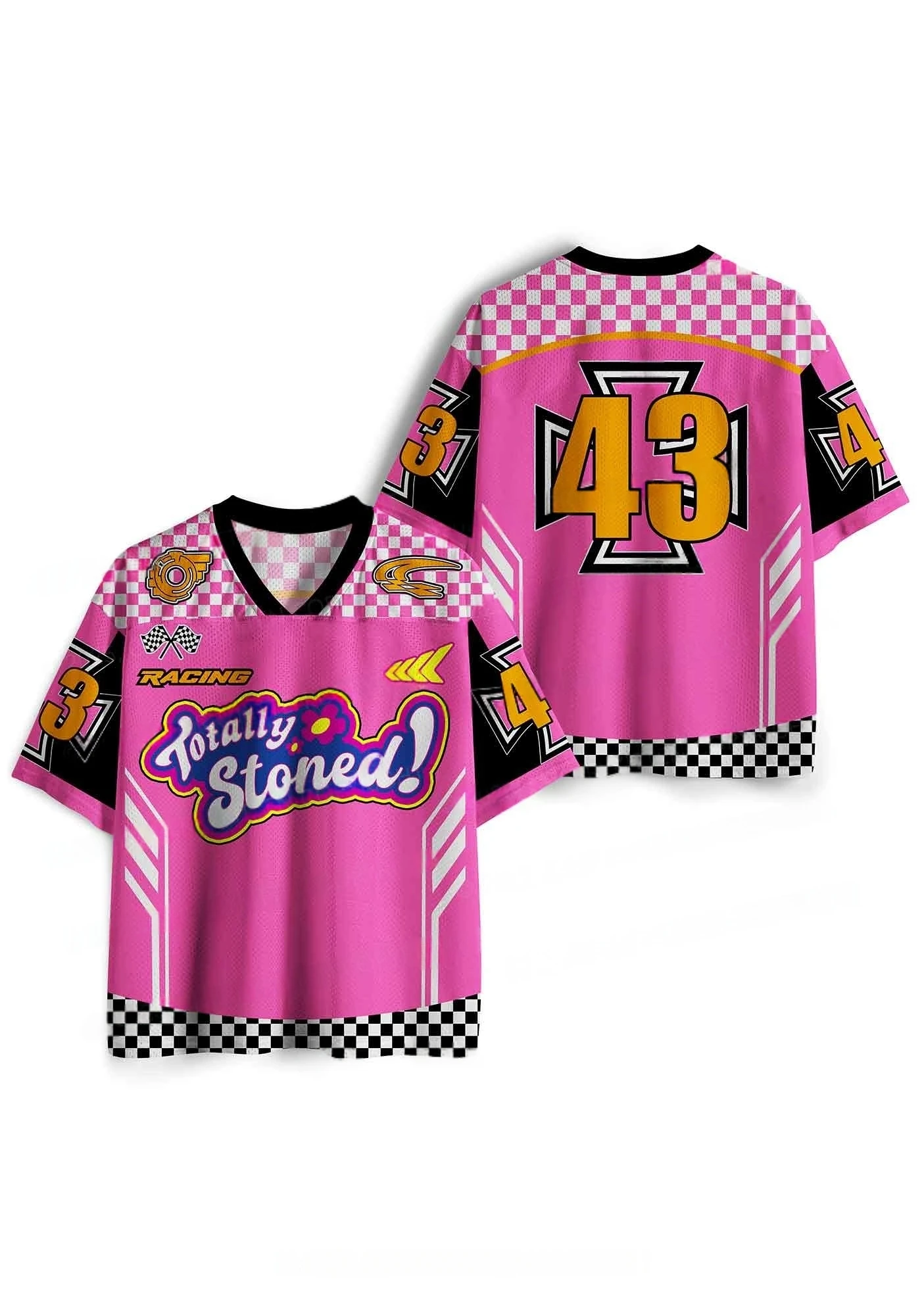 Y2K Racing Style Pink Checkerboard Mesh Jersey for Adults and Children, Oversized Short Sleeved T-shirt, Harajuku Street Wear