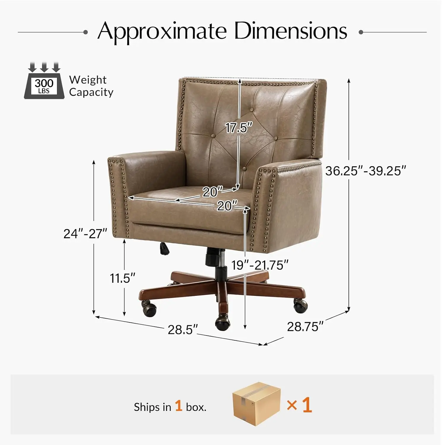 Faux Leather Office Chair with Tilt Function & Wood Base, Taupe | 360 ° Swivel Desk Chair with Button Tufted, Customized
