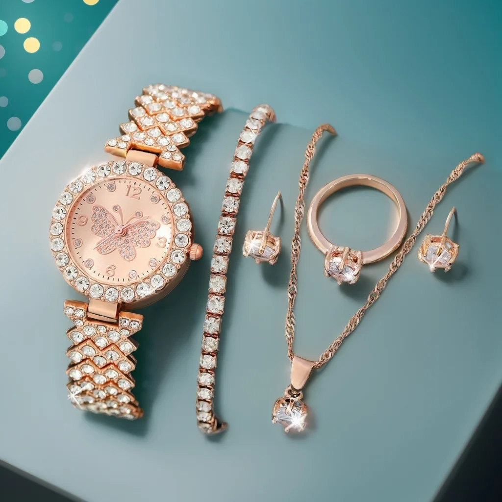 

New 6PCS Women Watch Luxury Elegant Alloy Watch Crystal Wristwatch For Ladies Gift Quartz Watch Alloy Rhinestone Bracelet Montre