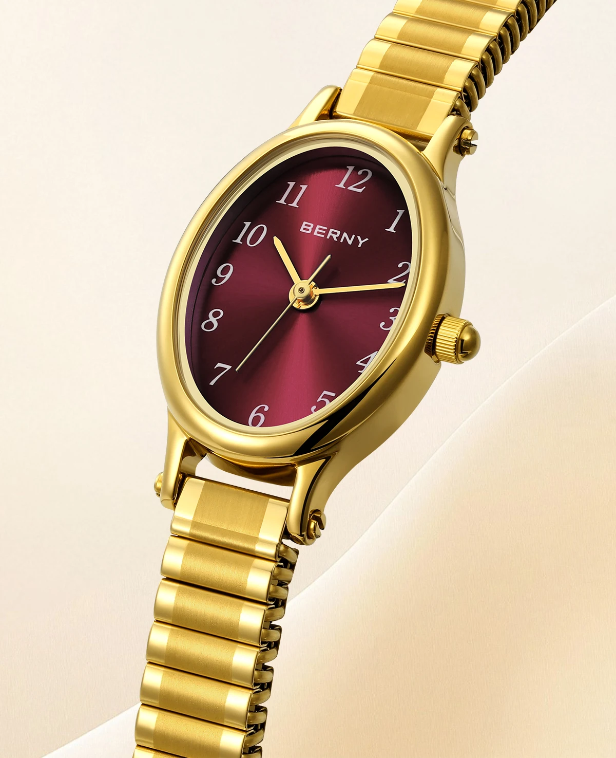 BERNY Goldene Uhren für Damen, luxuriöses goldenes elastisches Armband, elegante, leicht ablesbare Damenuhr, Stretch-Armband, Kleiderarmbanduhr – Detail 4