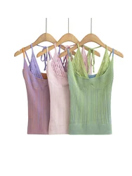 Summer Knitted Halter Fake Two Cami Top Women Sleeveless Elastic Slim Tops