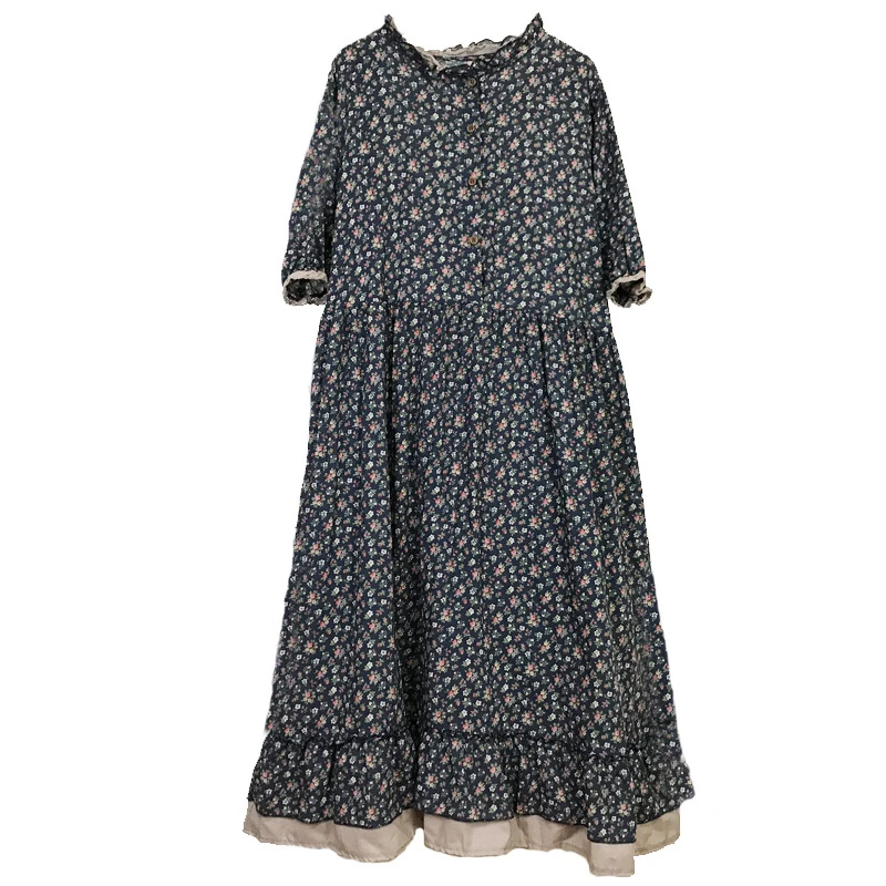 

Japanese Girl Art Print Dress Pretty Cotton Linen Spring Women New Floral Dress Loose Long-sleeved Dress Midi Dress