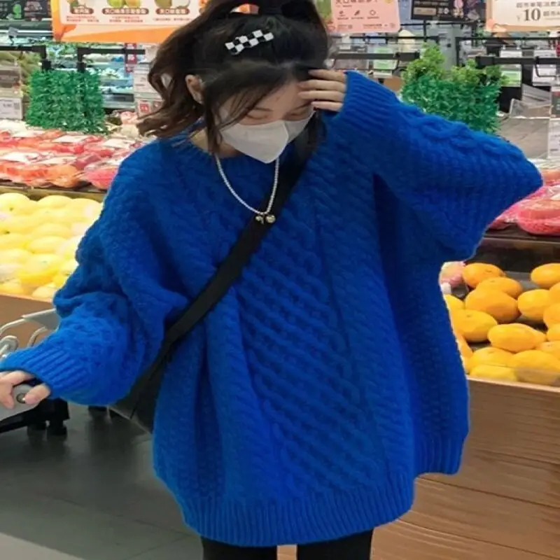 

Blue sweater winter 2025 new style fashionable women's lazy style mid-length sweater tops Hot Style Fashion