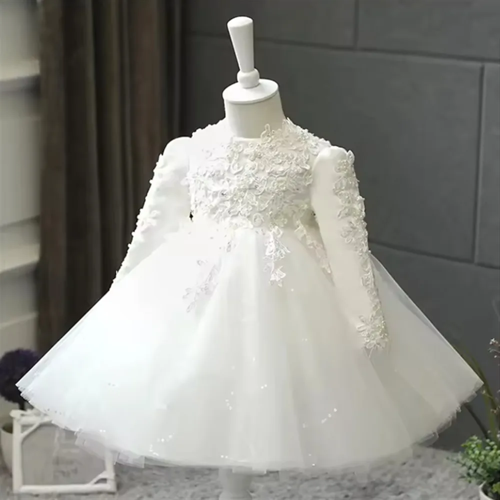 

White Long Sleeves Flower Baby Girl Wedding Dress Appliques Beaded Princess Birthday Party Dress Kids Children Communion Gown