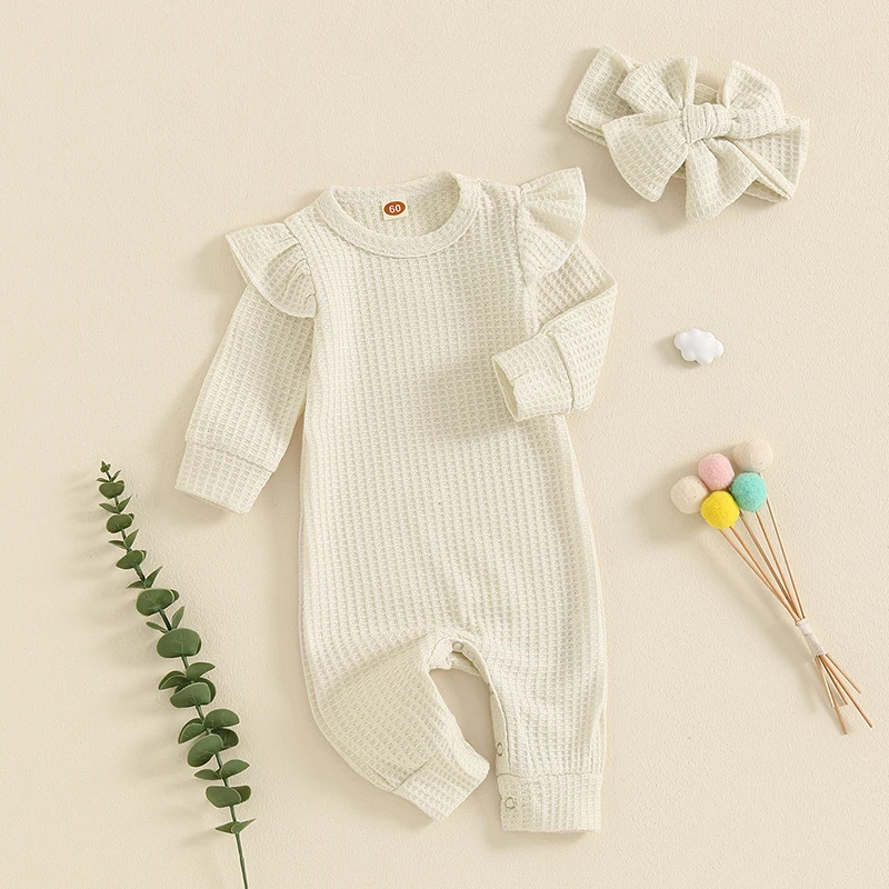 Baby Girl Clothes Waffle Romper Solid Long Sleeve Jumpsuit Bodysuit Preemie Newborn 3M 6M 12M 18M Baby Girl Outfit