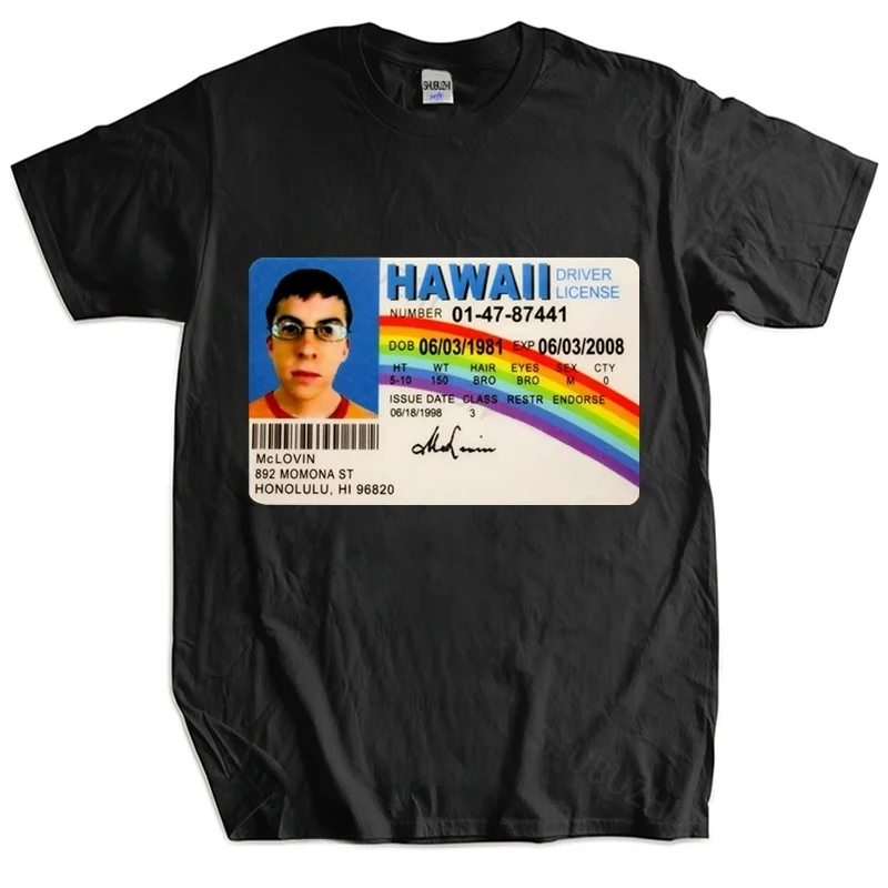 

Мужская летняя футболка Mclovin ID Card Superbad Ge Long Sve Slim Fit с воротником Генри Молодежная модная повседневная одежда