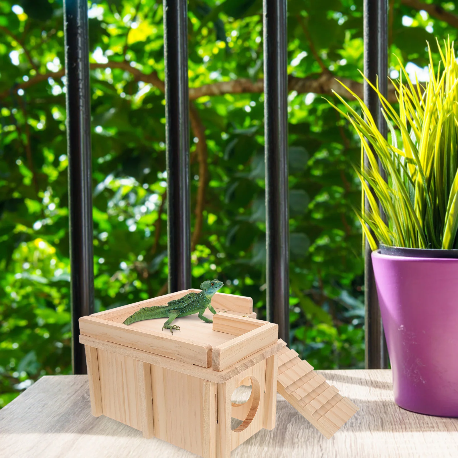 

Large Bearded Dragon Habitat Wooden Reptile Hideout Climbing Ramp Basking Platform Detachable Lizard Shelter Terrarium