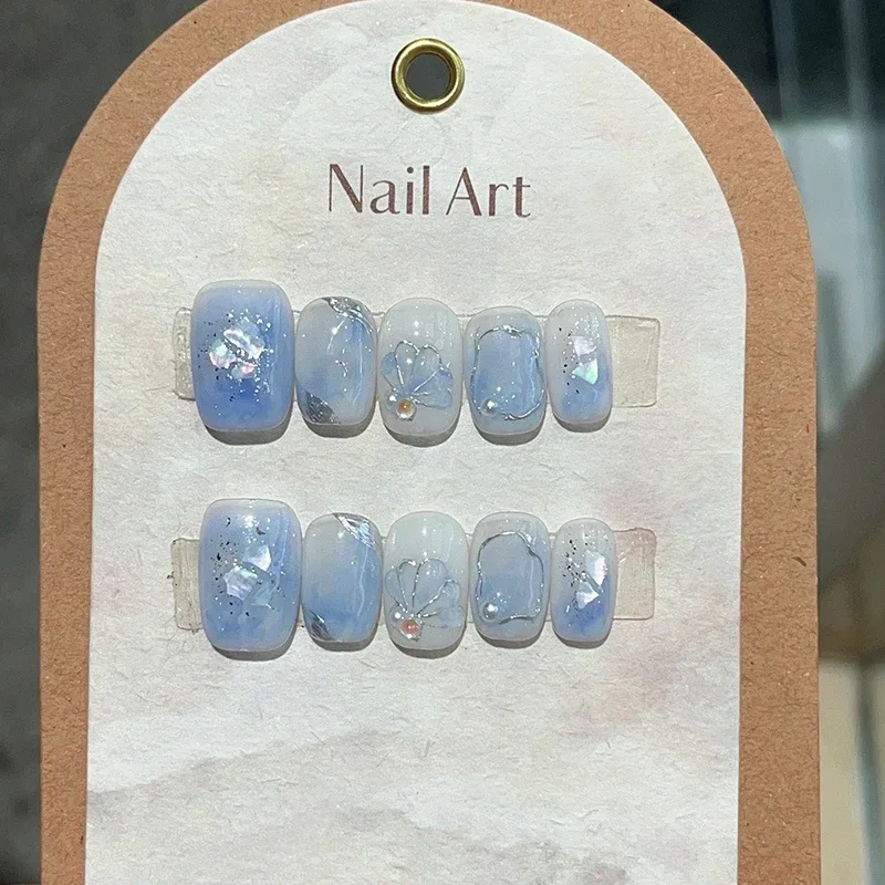 10Pc Blue Halo Dyeing Handmade Press On Nails Shell Silver Thread Design False Nail Short Fake Nail Full Cover Wearable Nail Tip