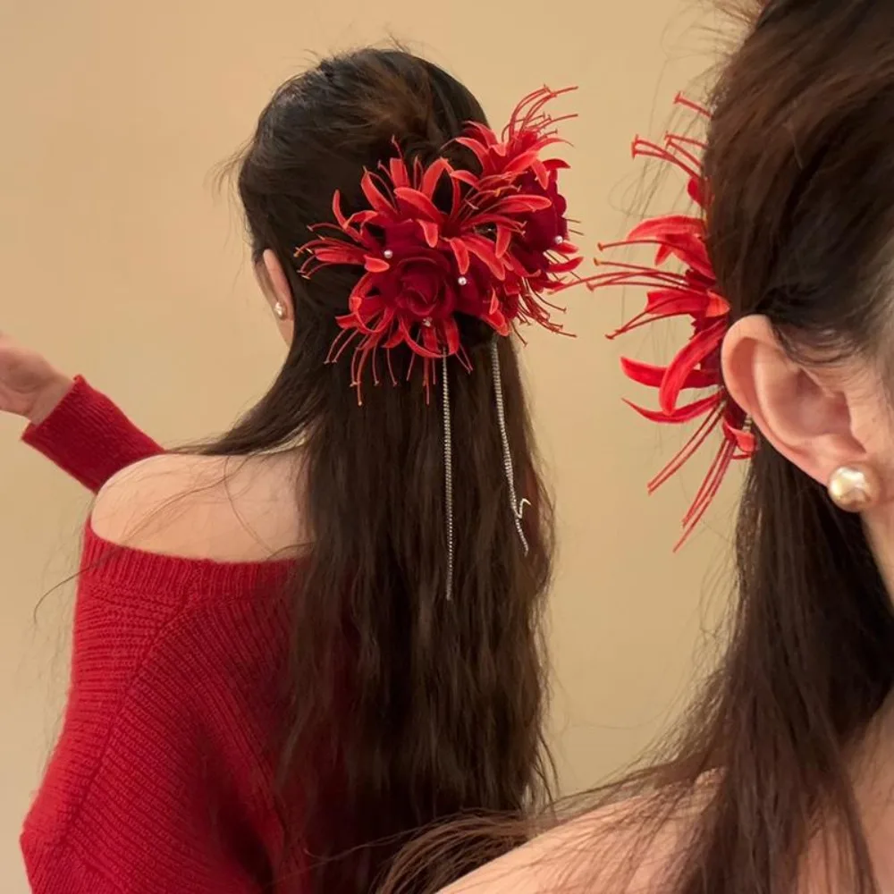 

Elegant Lycorisradiata Flower Hair Clip Long Tassels Hair Claw Dress Accessories Grasping Clip Headwear Gift