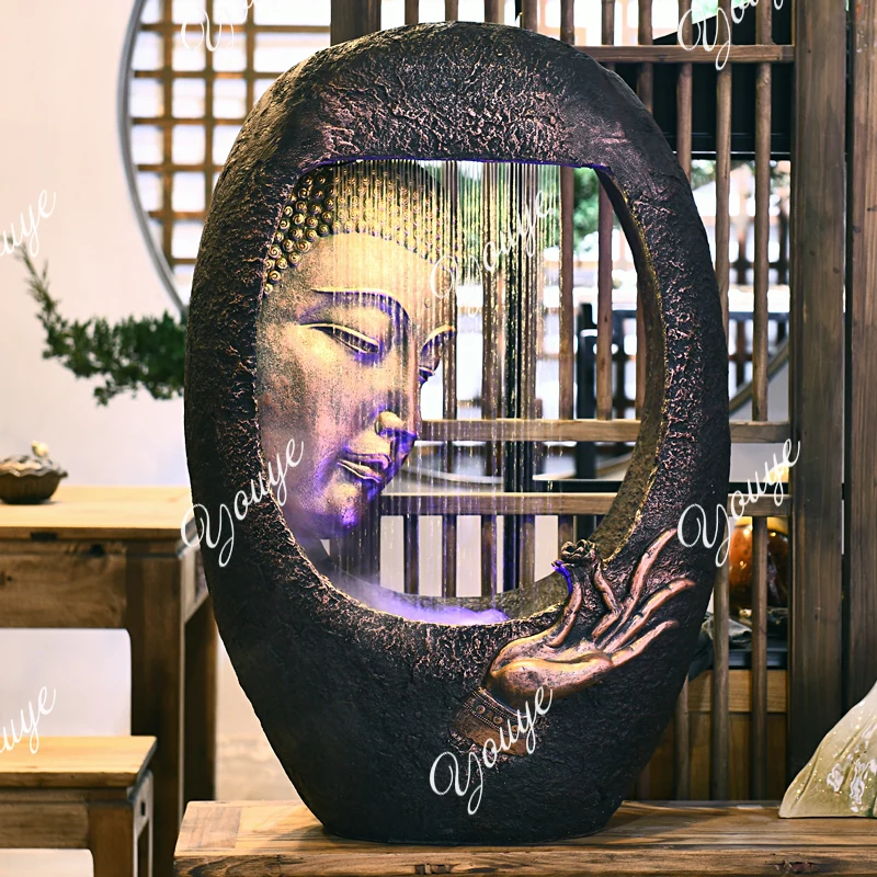 flowing water fountain, lucky decoration, creative floor-to-ceiling water feature Buddha head,  water device ornament