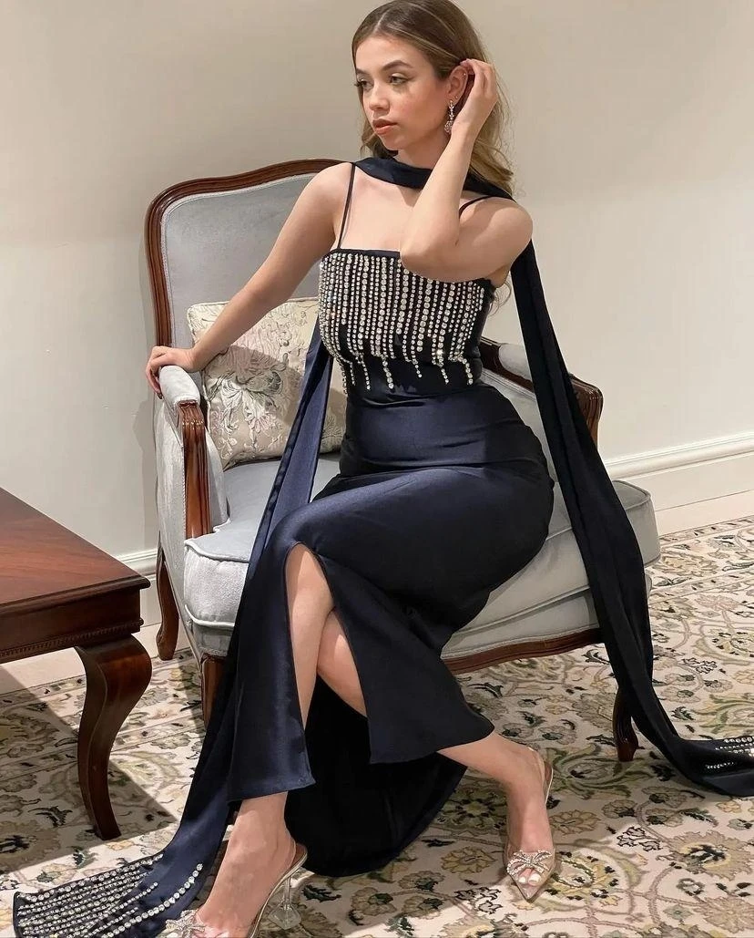 Robe de Soirée de Luxe Noire et Élégante avec Perles pour Femme, Tenue de Bal, Spaghetti, avec Traîne Amovible, Quelle que soit la Tenue de Mariage, 2024