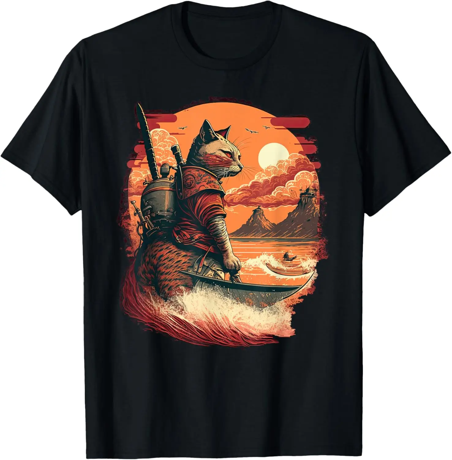 Japanese Samurai Cat With Wave And Mountains Illustration T-Shirt Tee – Soft, 100% Cotton Trendy Y2K Short-Sleeve Tee-Soft,