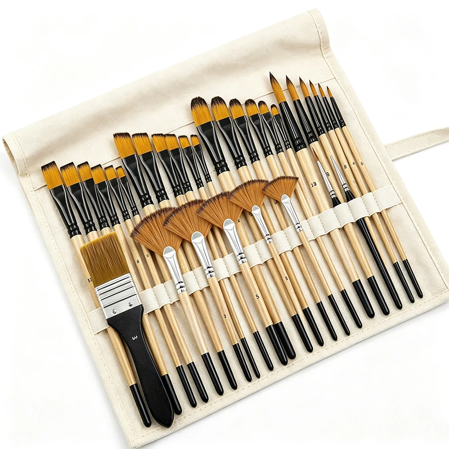 32pcs Professional Nylon Paint Brush Set, Wooden Handle Art Brushes with Round, Flat, Fan & Angle Tips for Gouache Painting