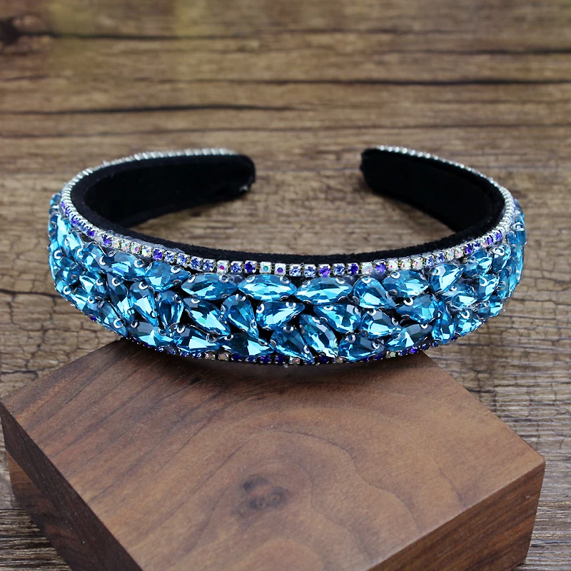 luxury blue pink full crystal stone hairbands handmade diamante velvet headbands for women charming hair accessories