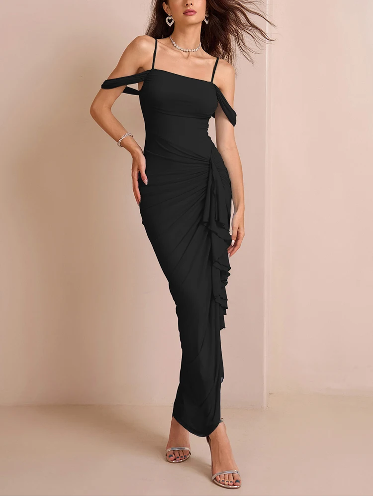 Newasia vestido de verão feminino malha com forro alças espaguete cintura franzida sexy sem costas coxa alta fenda vestido de festa à noite