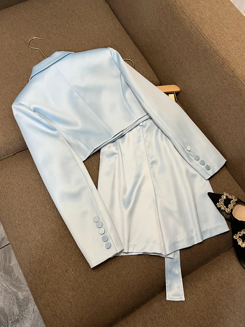 Injet cetim ultra-corte terno jaet e orts conjunto de duas peças feminino celebridade faion outono inverno commute sle a693