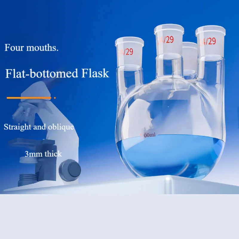 

Flat bottom four-neck flask Straight-mouth high borosilicate glass flat bottom distillation flask 50/100/150/250/500/1000/2000ml