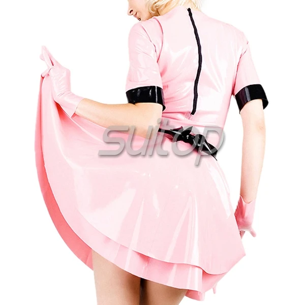 Um conjunto completo de uniforme de látex vestido de duas camadas para adultos MAID COSPLAYS (incluindo vestido, appon, chapéu)