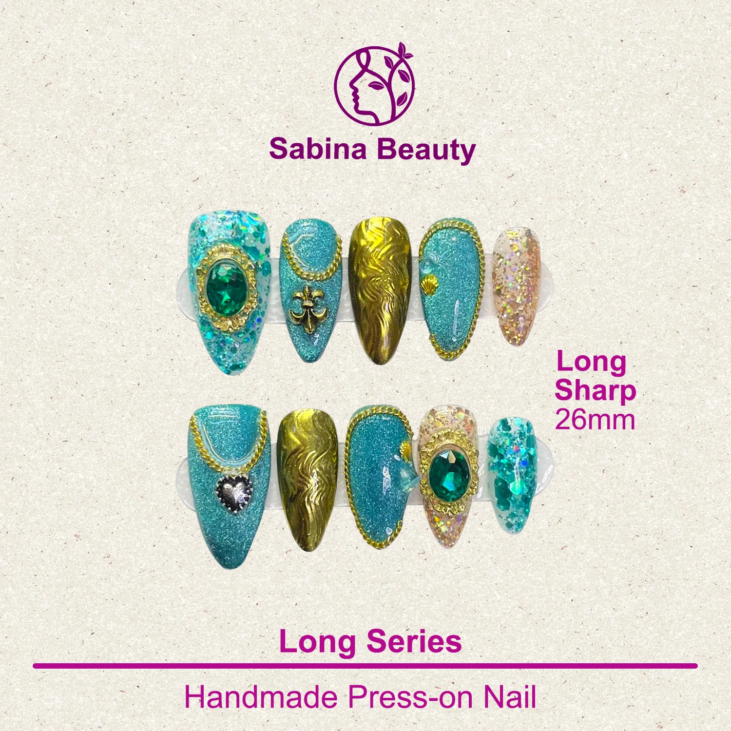 

YH001-45 Handmade 10pcs Press on Nail Exotic style sparkling and precious cat eyes set with diamonds green color fake nail patch