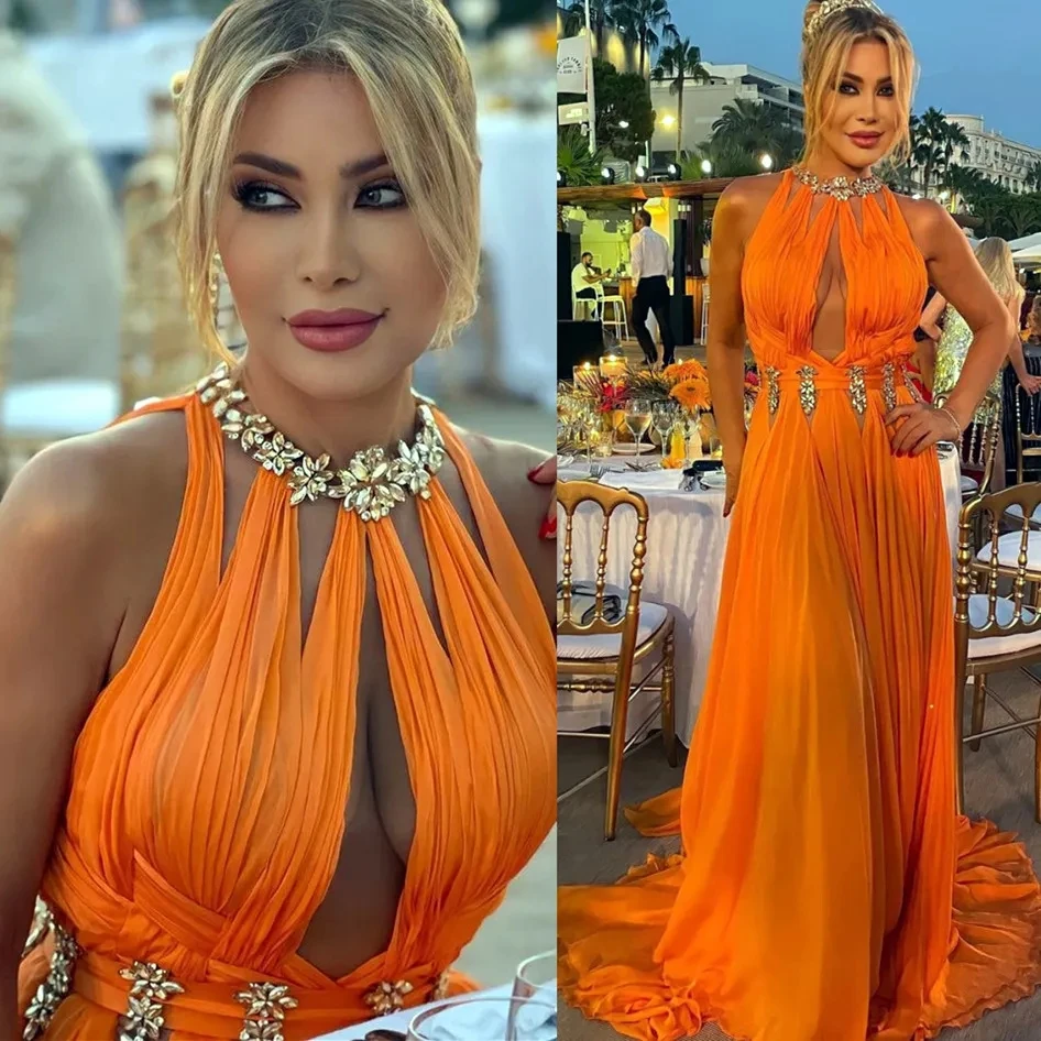 

Arabic 2024 Aso Ebi Orange A-line Prom Dresses Crystals Beaded Chiffon Evening Formal Party Second Reception Birthday Engagement