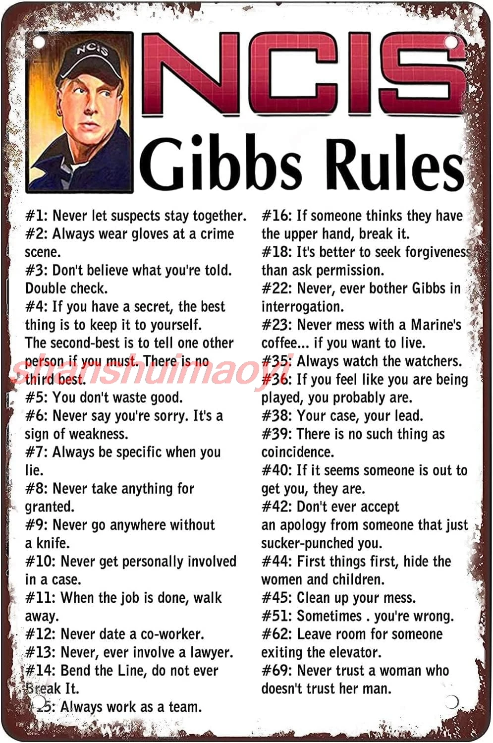 Tin Sign For Metal sign Gibbs Rules 69 Rules Funny Garage Home Decor Bars Decor Vintage Bakery Kitchen Cafe Wall Decoration 12x8