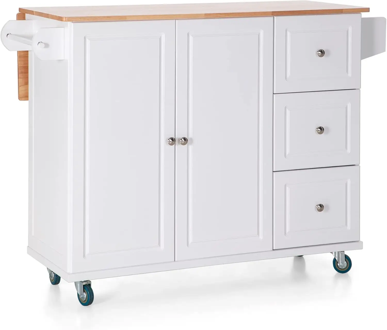 William Kitchen Island Cart on Wheels with Drop-Leaf and Rubber Wood Top, Rolling Kitchen Trolley with 2-Door Storage C